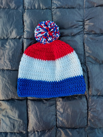 Adult Red, White, and Blue Crochet Beanie
